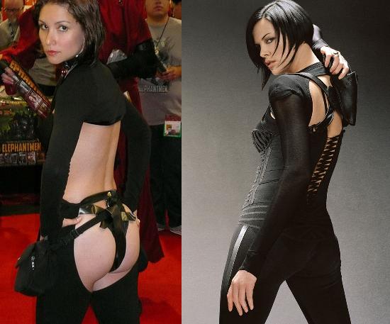 Un cosplay de Aeon Flux junto a Charlize Theron en el p ster de la 