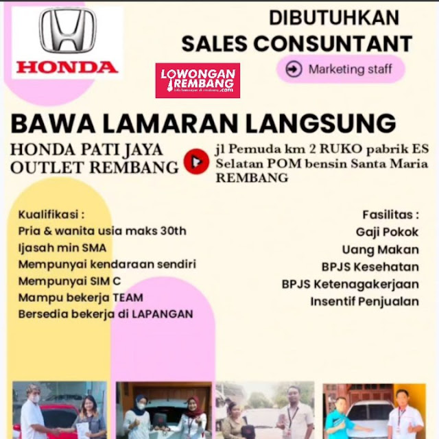 Lowongan Kerja Pegawai Sales Consultant Dealer Mobil Honda Pati Jaya Cabang Rembang