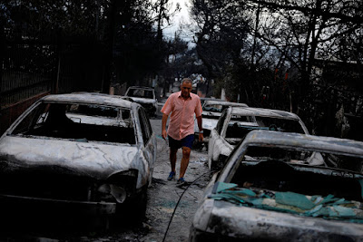 July 23, 2018. Greece wildfires reportedly the deadliest blaze to hit the southeastern European country in decades as over 49 casualties have been reported with over 145 injured including children as the fires spread to holiday resorts near Athens.
