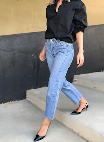 This Stylish 3-Piece Instagram Outfit — French-Girl Look With a Black Top, Straight-Leg Raw-Hem Jeans, and Black Slingback Heels
