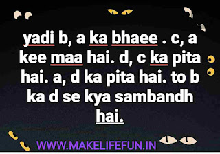 Blood relation riddles in hindi Relation pahchano – रिश्ते पहचानो पहेलियाँ Relation pahchano – रिश्ते पहचानो पहेलियाँ  ब्लड रिलेशन सवाल जवाब Family relationship puzzles Paheliyan in hindi with answer relationship riddles in english रिश्ता पहेली tricky riddles with answers in hindi blood relation puzzle questions in hindi relationship paheliyan with answer puzzle quiz in hindi छोटी पहेलियाँ उत्तर सहित paheliyan images with answer