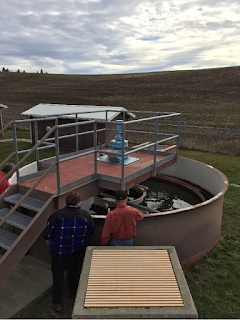 two people looking into a wastewater treatment pool with mechanical filters and equipment around. 