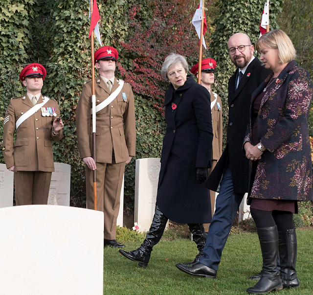 Theresa May, Charles Michel and war graves representative Ros Kelly