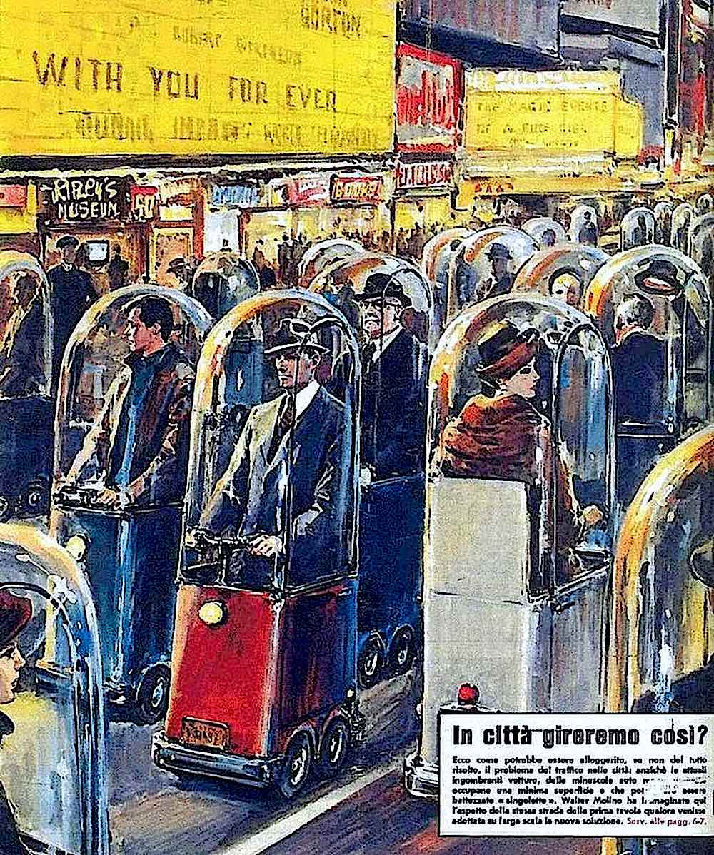 a Walter Molino illustration 1962, pedestrians in traveling cones, retrofuture