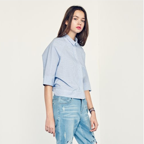 Half-Sleeved Pinstripe Button-Down Blouse