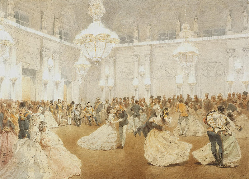 Ball in the Concert Hall of the Winter Palace during the Official Visit of Nasir al-Din Shah in May 1873 by Mihaly Zichy - History Drawings from Hermitage Museum