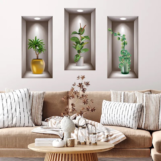 3d wall stickers Ceramic vases and green plants decals 