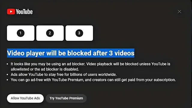 YouTube Ad blocker Pop Up