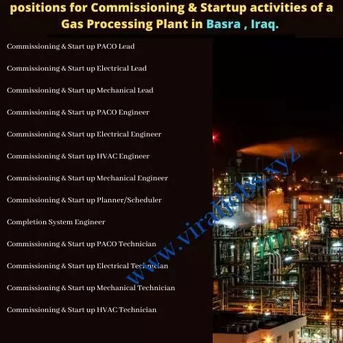 Positions for Commissioning & Startup activities of a Gas Processing Plant in Basra , Iraq