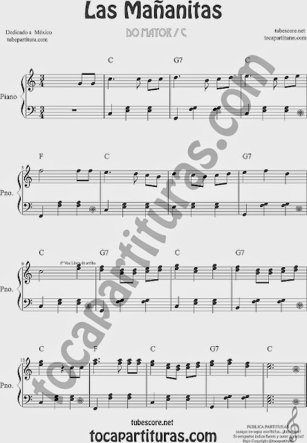 Las Mañanitas Partitura y vídeo de la partitura de Piano en Do mayor / C music score Partitura fácil principiantes de Piano de las Mañanitas con dos voces en la melodía en do, fa y sol mayor. Piano Beginners The Mexican Birthday Song Easy Sheet Music in C, F, G