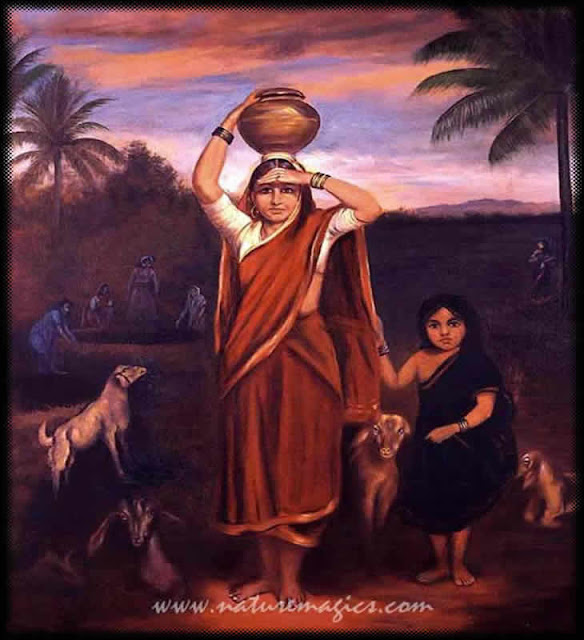 Raja Ravi Varma Paintings: Women with her Daughter & Goats