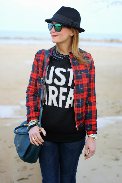 checked jacket, just parfait sweater, peter pan collar necklace, Fashion and Cookies, fashion blogger