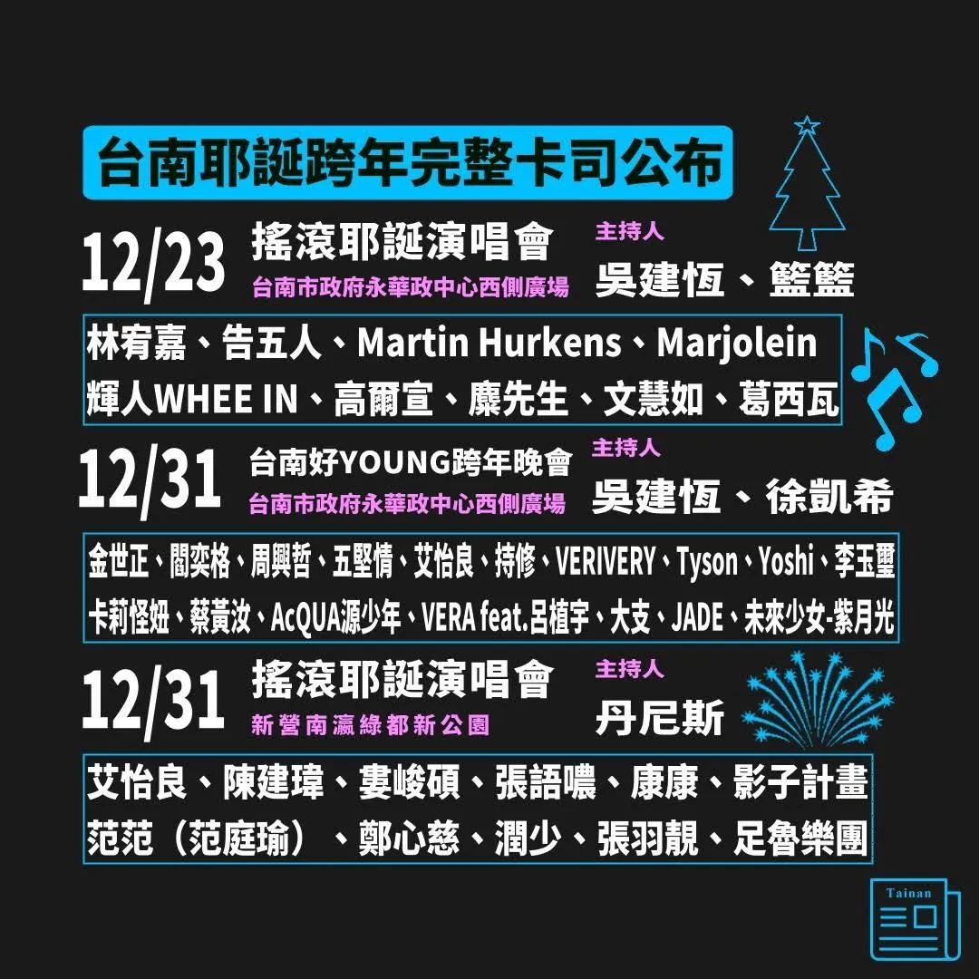 2024台南400慶典揭幕『台南好Young』耶誕跨年演唱會完整卡司公開！