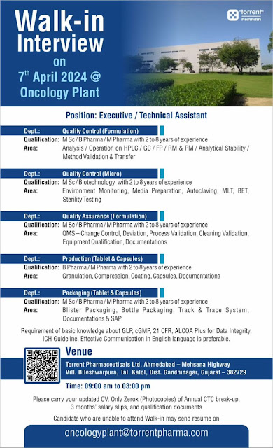 Torrent Pharma Walk In Interview For QC/ Micro/ QA/ Packaging/ Production