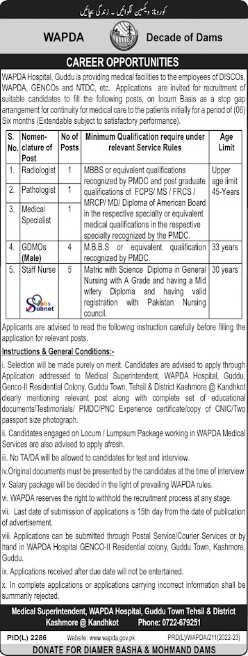 Wapda Hospital Guddu Jobs 2023 Advertisement