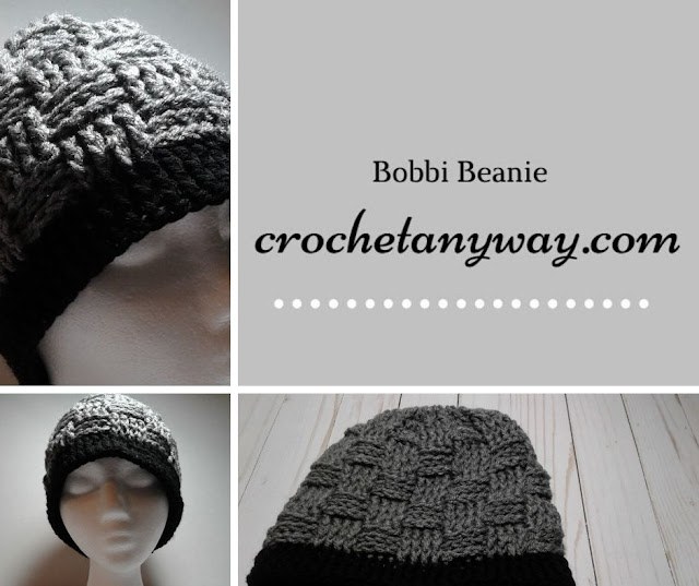 grey and black crochet basket weave stitch beanie hat