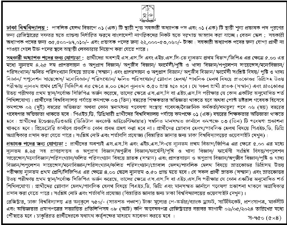 ঢাকা বিশ্ববিদ্যালয় নতুন নিয়োগ বিজ্ঞপ্তি ২০২৪