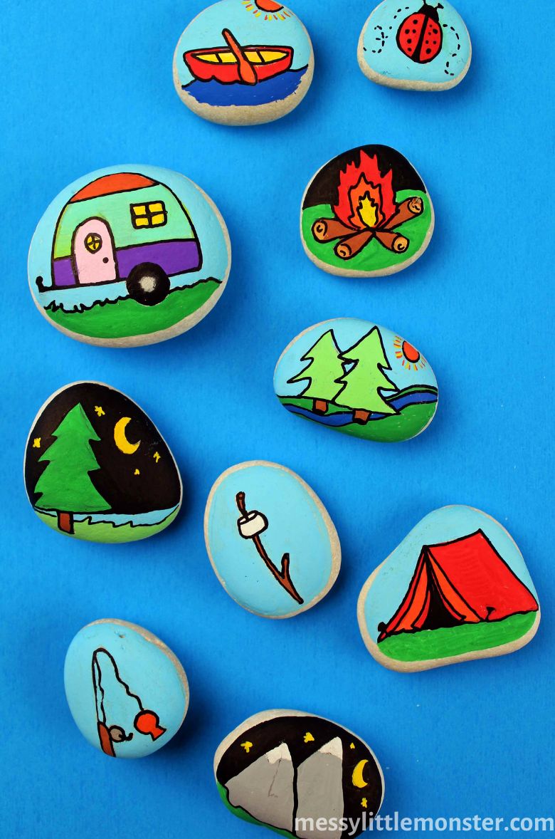 Camping painted rocks - Father's Day painting ideas
