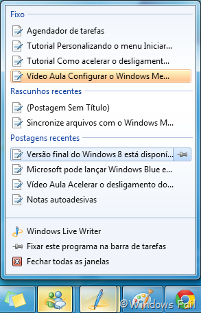 Fixando itens na lista de atalho