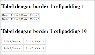 Cara membuat tabel di HTML Atribut border, Cellpadding