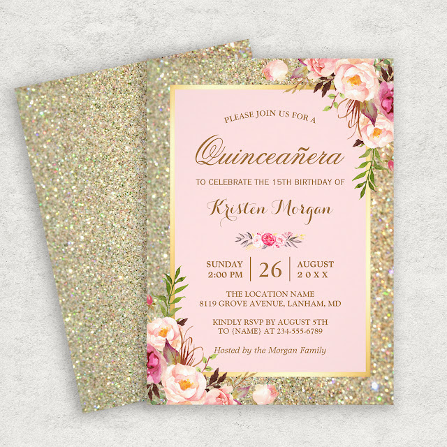  Quinceanera Birthday | Pink Floral Gold Glitters Card