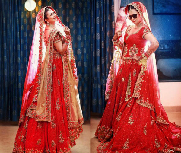 Divyanka Tripathi Heavily Embroidered Red and Gold Lehenga