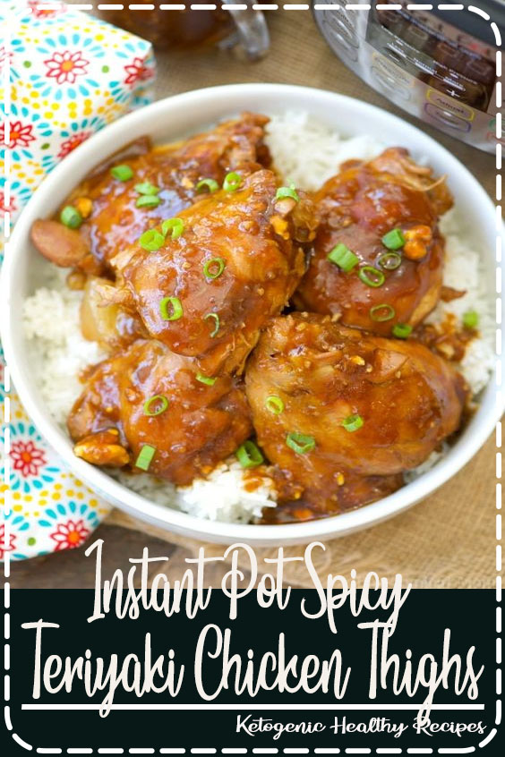 Instant Pot spicy teriyaki chicken thighs I've ever made in my pressure cooker! Moist chicken with a thick sweet and spicy homemade teriyaki sauce you and your kids will love. Healthy dinner in less than 15 minutes! #instantpot #pressurecooker #teriyaki #chicken #thighs #spicy #healthy #instantpotrecipes #thetypicalmom