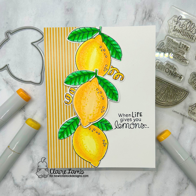 When life gives you lemons by Claire features Lemon Twist and Springtime by Newton's Nook Designs; #inkypaws, #newtonsnook, #cardmaking, #cardchallenge, #lemoncards,