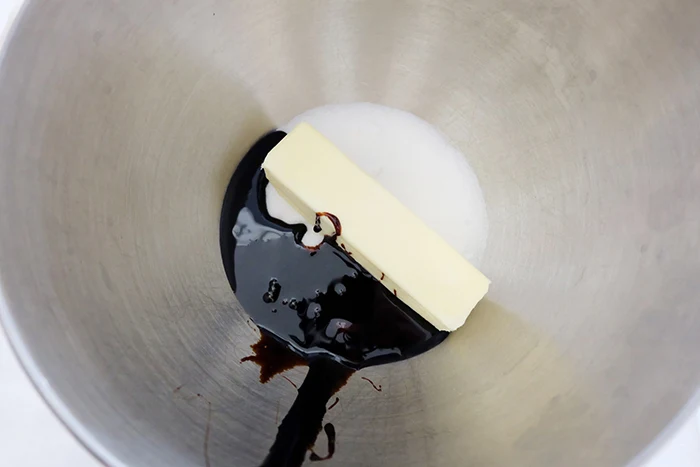 butter, sugar, and molasses in mixing bowl
