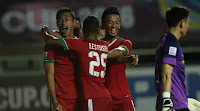 Hansamu Yama merayakan gol setelah menceploskan ke gawang thailand