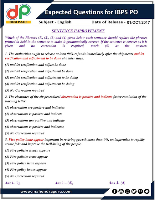  DP | Expected Questions For IBPS PO | 01- 10 - 2017