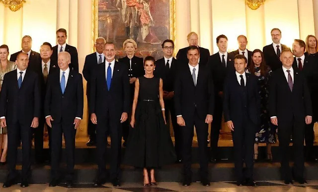 Brigitte Macron, Jill Biden, Justin Trudeau. Queen Letizia wore a black dress by The 2nd Skin Co Spring Summer 2022 collection