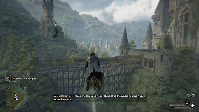 Screenshot of flying on a broom in Hogwarts Legacy