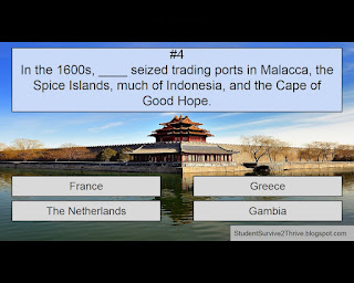 In the 1600s, ____ seized trading ports in Malacca, the Spice Islands, much of Indonesia, and the Cape of Good Hope. Answer choices include: France, Greece, The Netherlands, Gambia