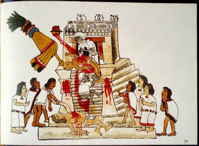 Aztec priest performing the sacrificial offering of a living human's heart to the war god Huitzilopochtli - Source: http://www.loc.gov/pictures/item/2002718926/