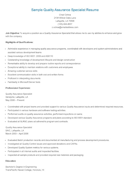 Sample Quality Assurance Specialist Resume