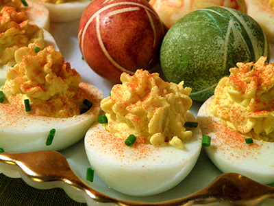 Deviled Eggs and Easter Eggs on Platter