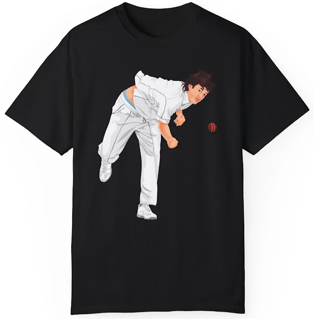 Garment Dyed Personalized Cricket T-Shirt With Vector illustration of Test Cricket Bowler Propelling the Ball Dressed in All White
