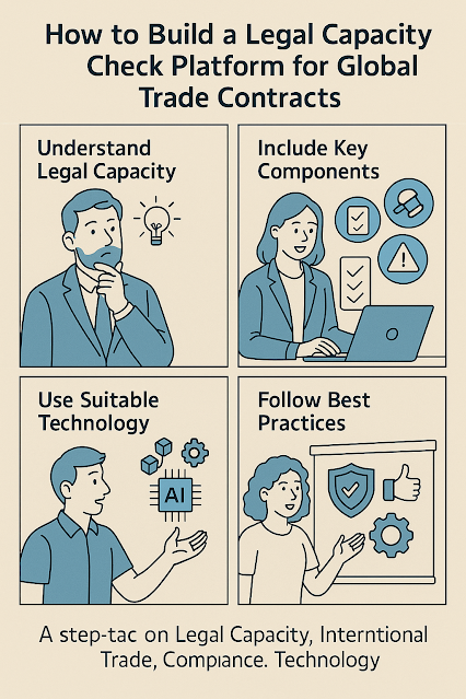 A four-panel digital infographic titled "How to Build a Legal Capacity Check Platform for Global Trade Contracts." The first panel shows a man thinking with the text “Understand Legal Capacity” and a light bulb icon. The second panel displays a woman working on a laptop with icons representing checklists and alerts, titled “Include Key Components.” The third panel features a man explaining AI and blockchain icons under the heading “Use Suitable Technology.” The fourth panel shows a woman pointing to a presentation with a shield, check mark, and thumbs-up icon, labeled “Follow Best Practices.” The bottom tagline reads: “A step-tac on Legal Capacity, International Trade, Compliance, Technology.”