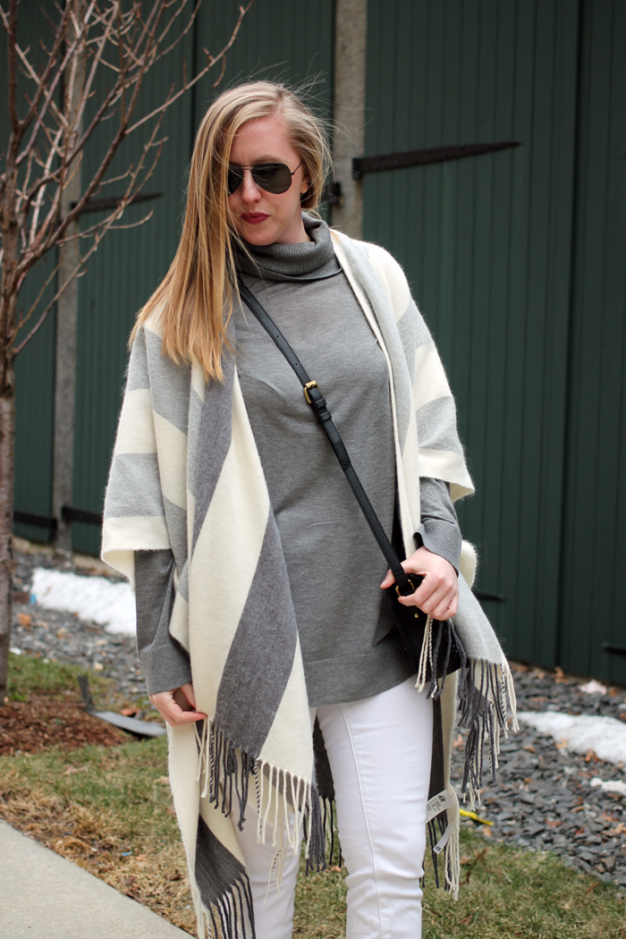 hm striped poncho, striped grey poncho, grey turtleneck and poncho, boston style blogger, what i wore, on the blog, winter white skinny jeans, shades of grey outfit, boston fashion blog, fashion blogger massachusetts