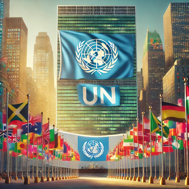llustration of the United Nations headquarters in New York City with flags of various countries waving in front. The UN flag is prominently displayed, symbolizing global unity and cooperation. The scene is bathed in soft sunlight, with cultural symbols representing diversity and peace in the background