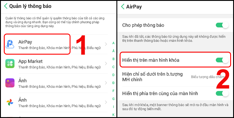Thao tác bật hoặc tắt thông báo ứng dụng trên màn hình khóa