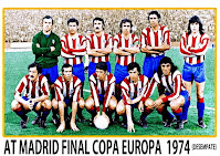 CLUB ATLÉTICO DE MADRID - Madrid, España - Temporada 1973-74 - Miguel Reina, Melo, Capón, Adelardo, Eusebio y Bezerra; Salcedo, Luis, Alberto, Gárate y Heredia - BAYERN MUNICH 4 (Hoeness 2 y Gerd Muller 2), ATLÉTICO DE MADRID 0 - 17/05/1974 - Copa de Europa, final, partido de desempate - Bruselas, Bélgica, estadio Heysel - El At. Madrid, tras ser empatado en el último minuto de la prórroga, pierde estrepitosamente con el Bayern en el desempate