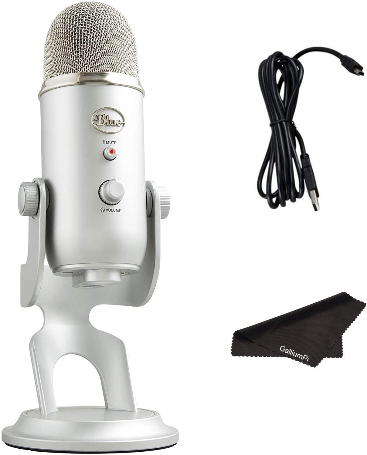 Newest Blue Yeti USB Microphone with 4 Pickup Patterns, 3 Condenser Capsules, Mic Gain Control & Adjustable Stand for Gaming, Streaming, Podcasting on PC & Mac with GalliumPi Accessories - Silver