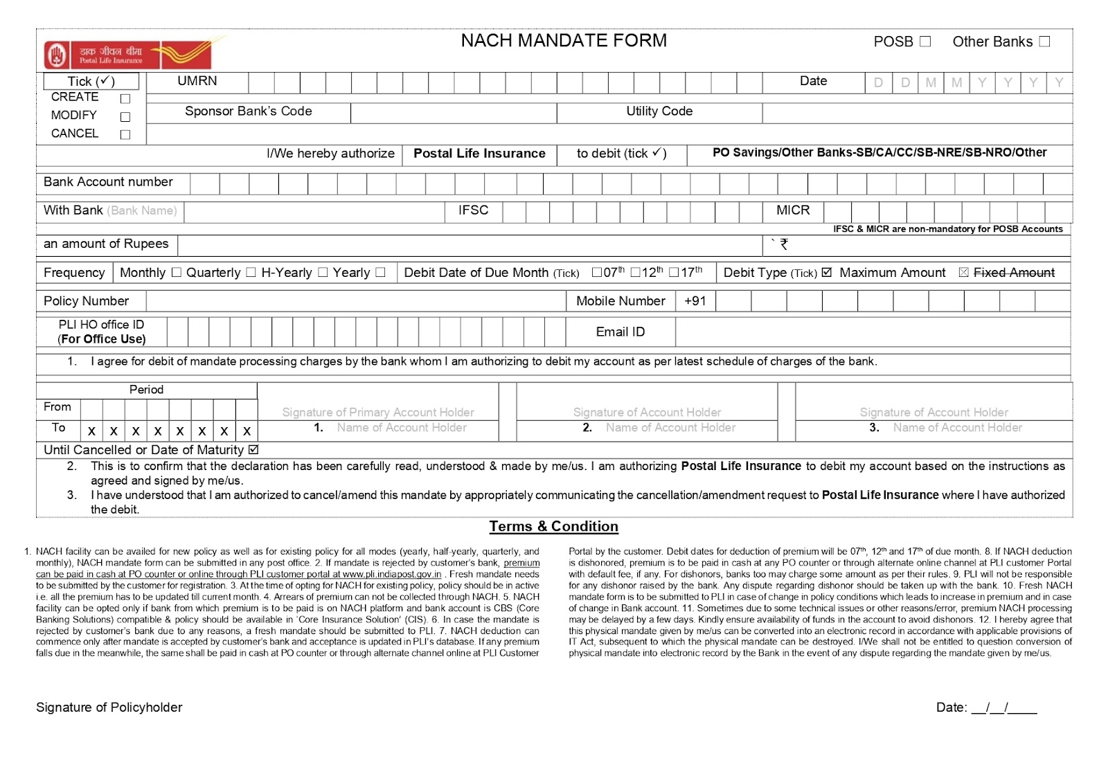 pli sbi nach mandate form for customers annexure I