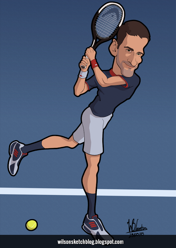 Cartoon caricature of Novak Djokovic.