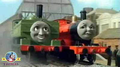 Thomas the train James the red engine with green great western Duck the train driver and fireman