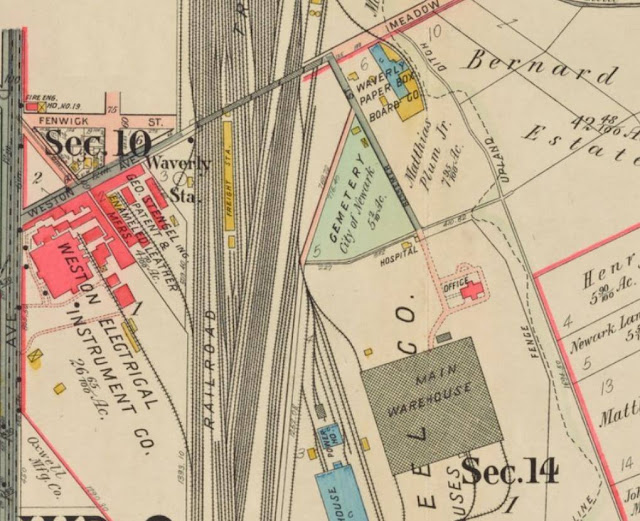 A detailed portion of a historical Sanborn map, showcasing the intricate urban layout of a section in Newark. It features color-coded buildings indicating their use, such as pink for industrial facilities and yellow for paper board companies. The map includes labeled streets, a railway line, and landmarks such as a cemetery and a hospital, highlighting the complex urban fabric and industrial heritage of the area