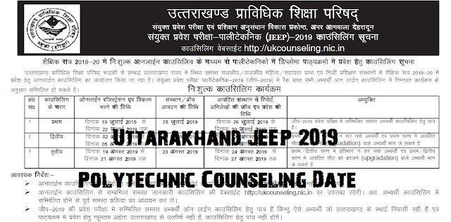 Uttarakhand JEEP 2019 e-Counseling - पॉलिटेक्निक कॉलेज में काउन्सलिंग की डिटेल 