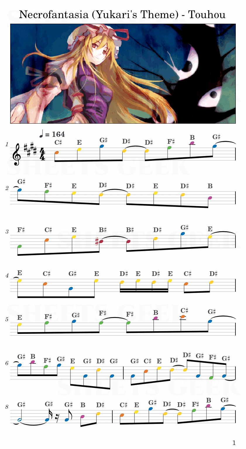 Necrofantasia (Yukari's Theme) - Touhou Easy Sheet Music Free for piano, keyboard, flute, violin, sax, cello page 1